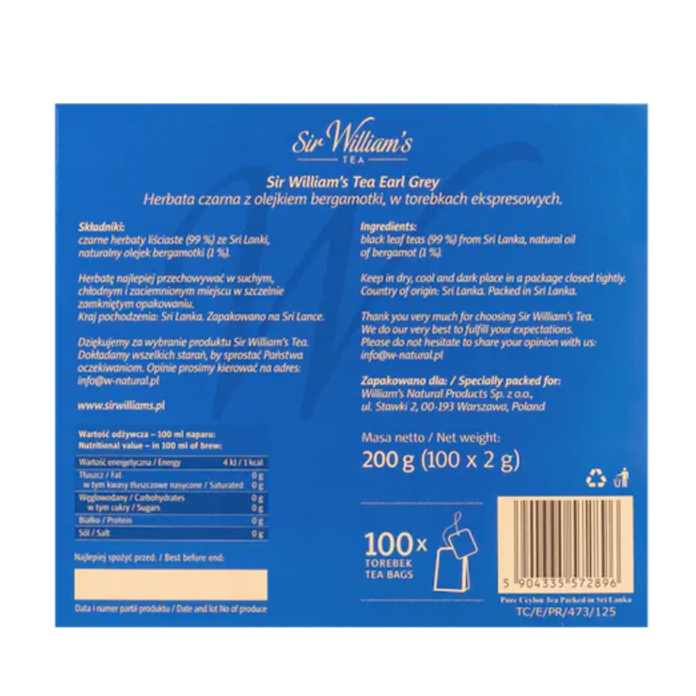 Herbata Sir William's Tea Earl Grey 100 szt - obrazek 3