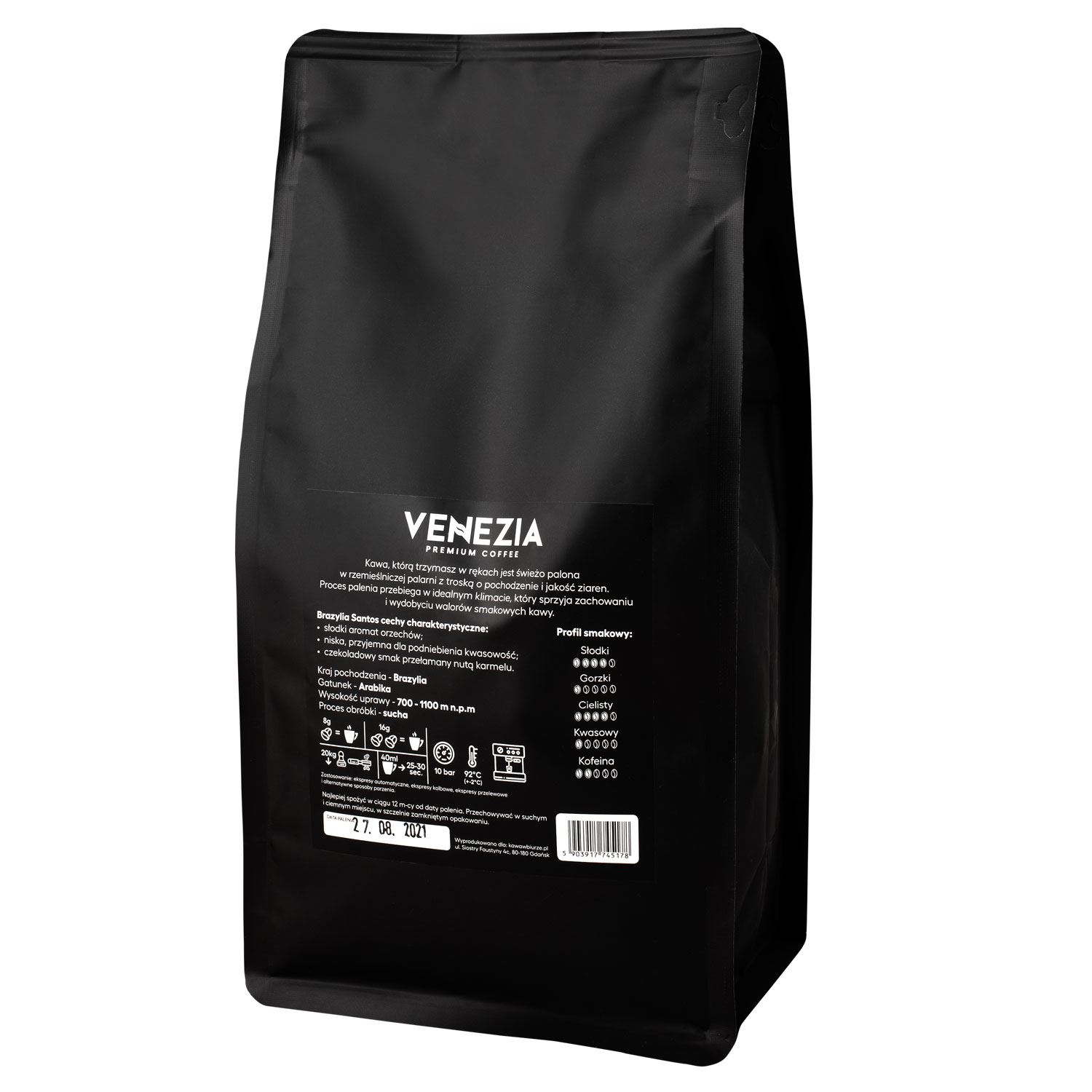 Kawa Ziarnista Venezia BRAZYLIA SANTOS Świeżo Palona 2x500g - obrazek 3