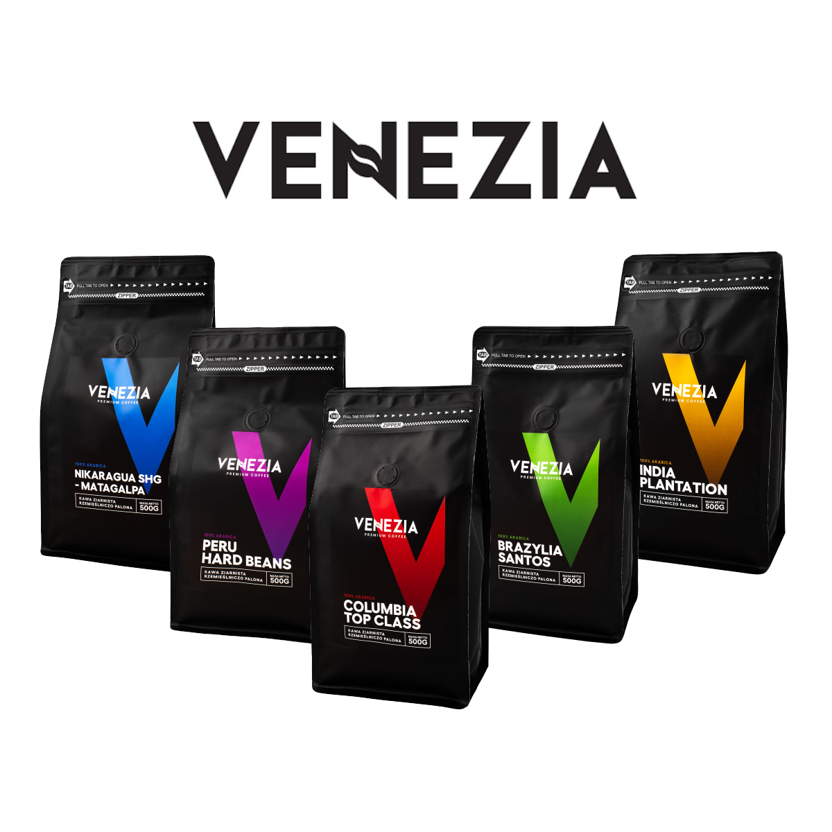 Zestaw Konesera 5 kaw ziarnistych VENEZIA 100% Arabica (5 x 500g)